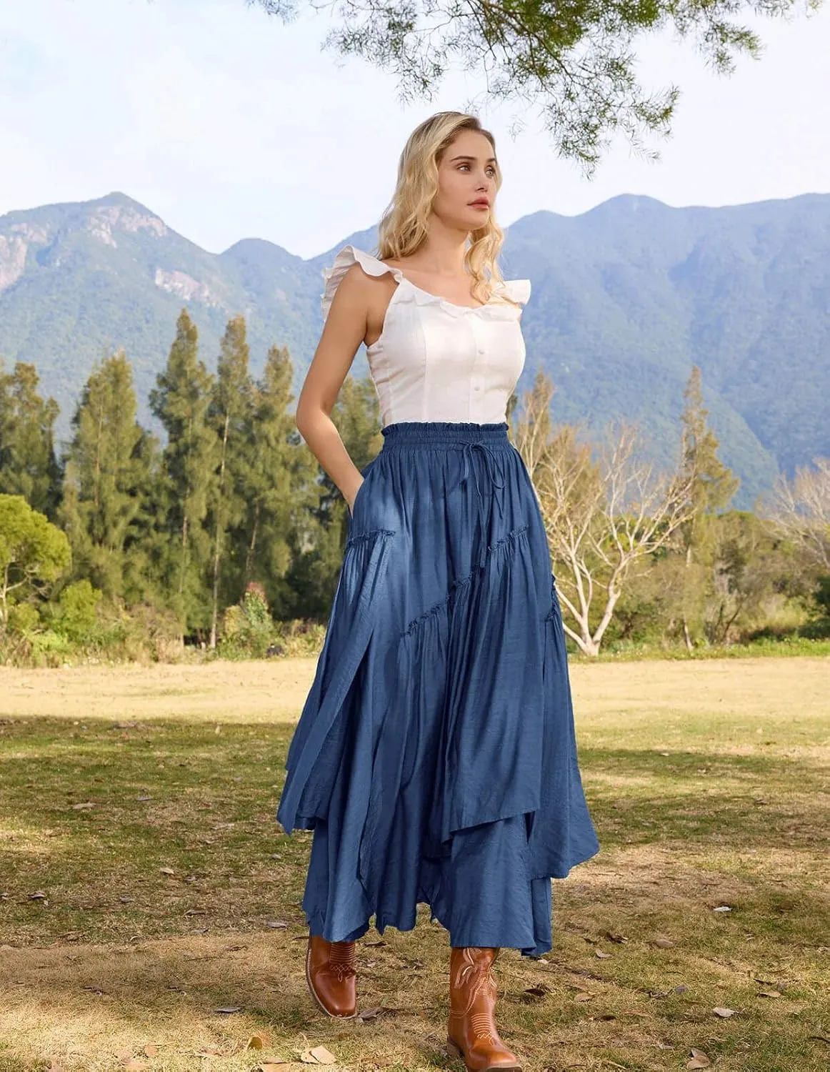 Scarlet Darkness Women Renaissance Layered Long Skirt Elastic High Waist Tiered Skirt with Pockets