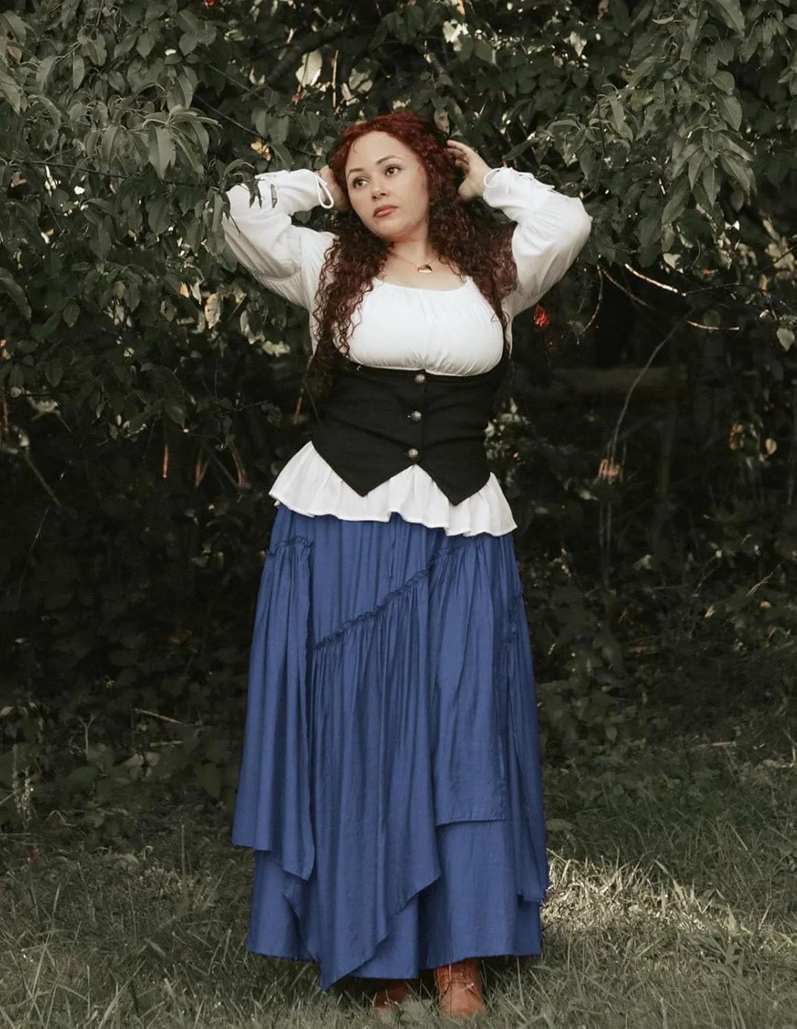 Scarlet Darkness Women Renaissance Layered Long Skirt Elastic High Waist Tiered Skirt with Pockets