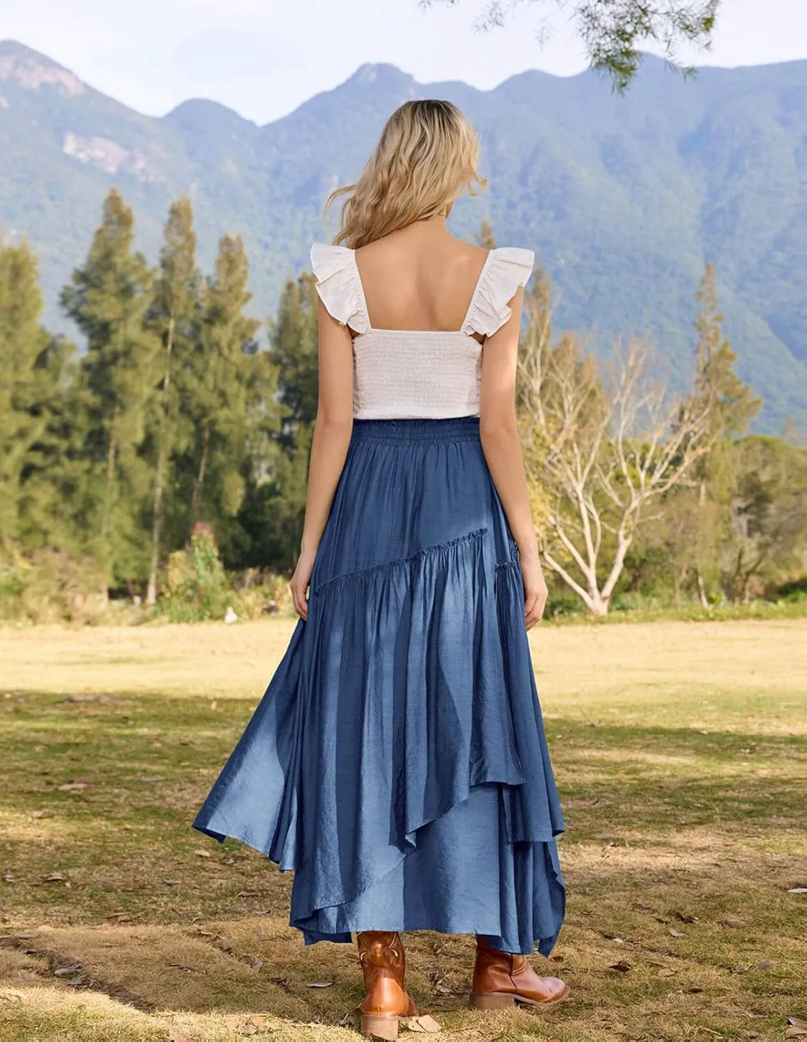 Scarlet Darkness Women Renaissance Layered Long Skirt Elastic High Waist Tiered Skirt with Pockets