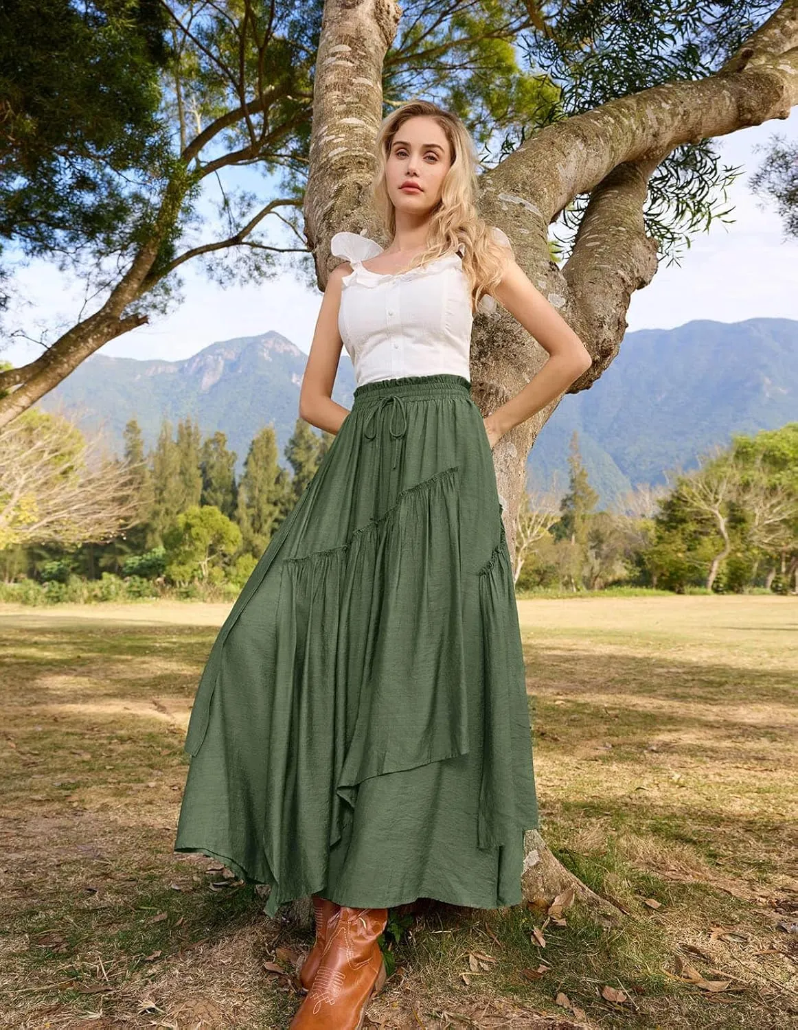 Scarlet Darkness Women Renaissance Layered Long Skirt Elastic High Waist Tiered Skirt with Pockets