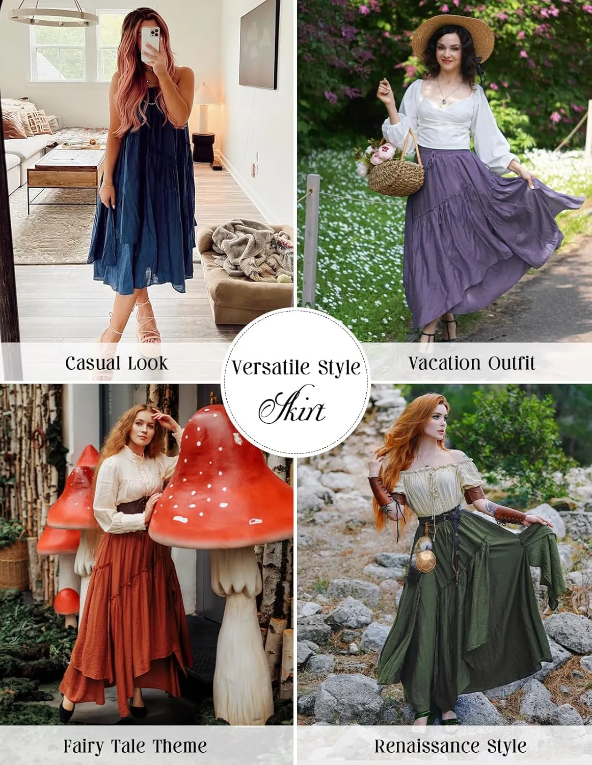 Scarlet Darkness Women Renaissance Layered Long Skirt Elastic High Waist Tiered Skirt with Pockets