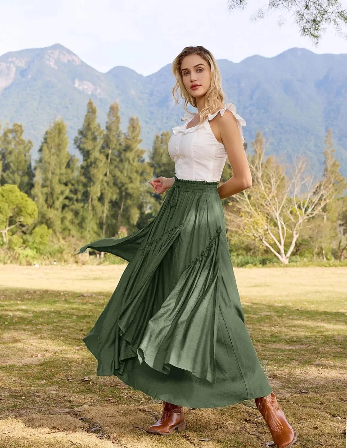 Scarlet Darkness Women Renaissance Layered Long Skirt Elastic High Waist Tiered Skirt with Pockets