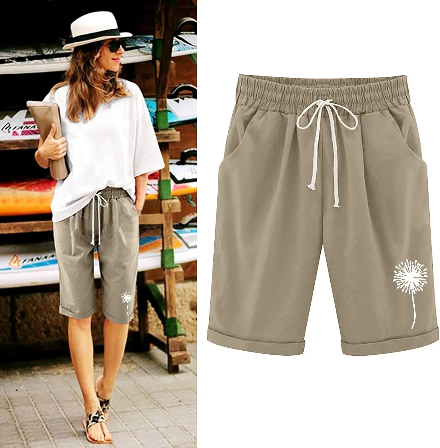SHAOBGE Shorts for Women Trendy Summer 2024 Beach Drawstring Knee Length Shorts Loose Fit Resort Wear Fashion Clothes