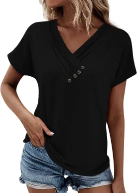 Short Sleeve Tops for Women Summer Dressy Pleated V Neck Buttons Decor Shirts Spring Casual Solid Color Tunic Tops