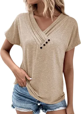 Short Sleeve Tops for Women Summer Dressy Pleated V Neck Buttons Decor Shirts Spring Casual Solid Color Tunic Tops