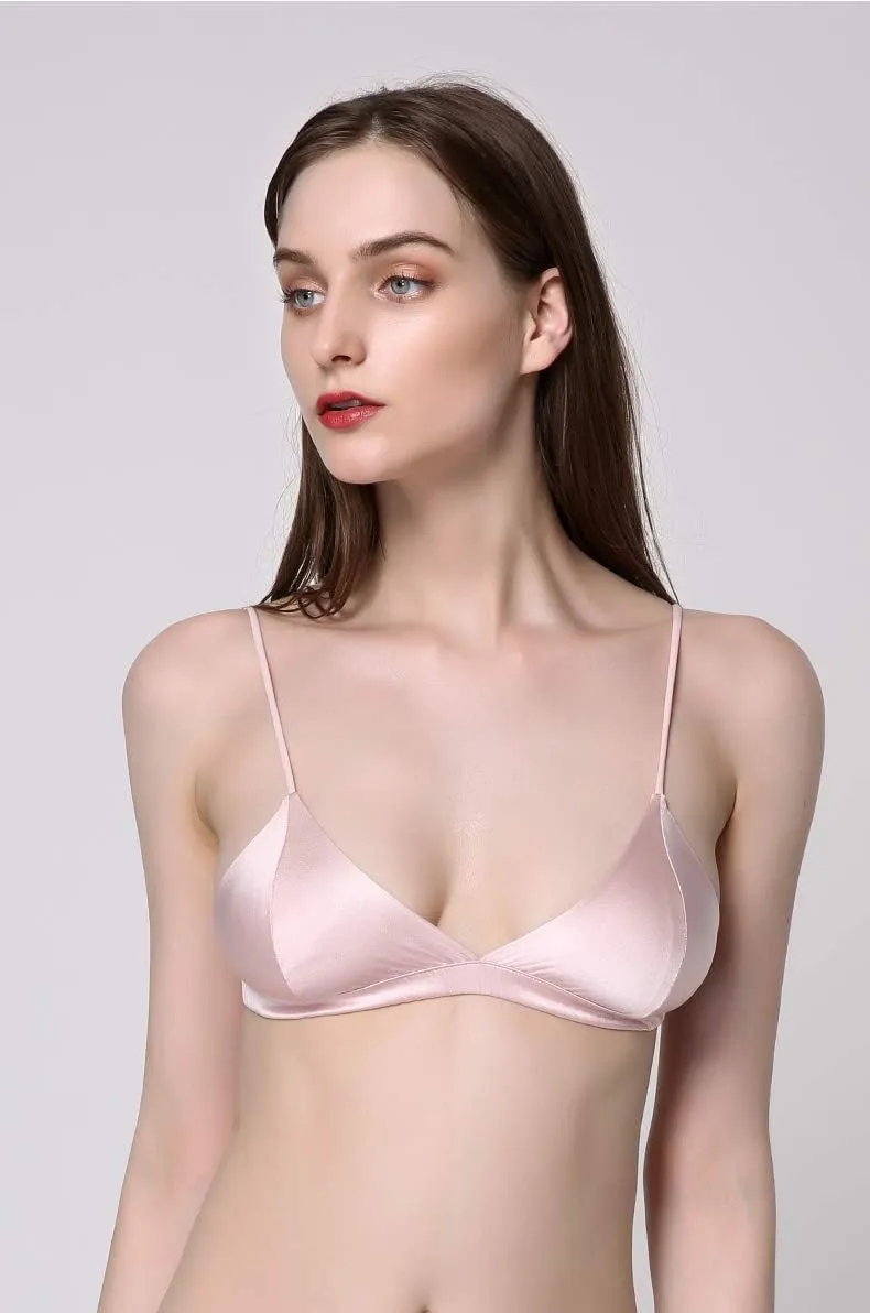 SilRiver Women's Silk Satin Triangle Bralette Soft Cup Wireless Bra Smooth and Comfortable Wire Free Bra Top