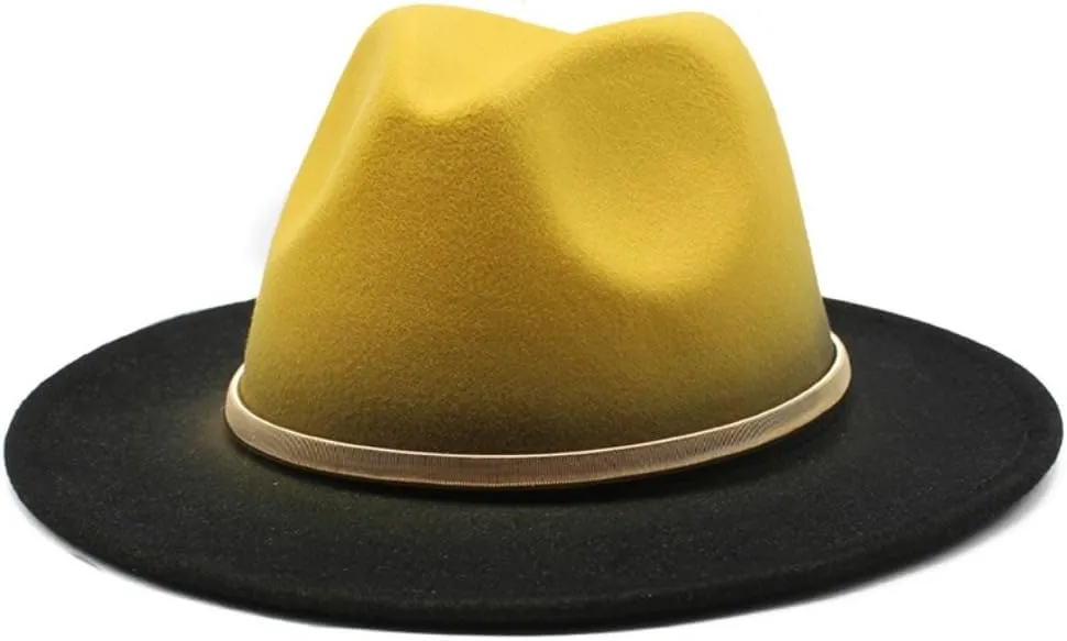 Two-Tone Fedora Hat, Purple Crown with Black Brim, Gold Metal Band Accent