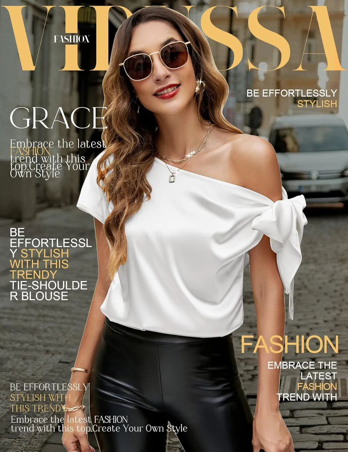 VIDUSSA Women's Off Shoulder Silk Tops Casual Short Sleeve Asymmetrical Neck Satin Blouse Shirts