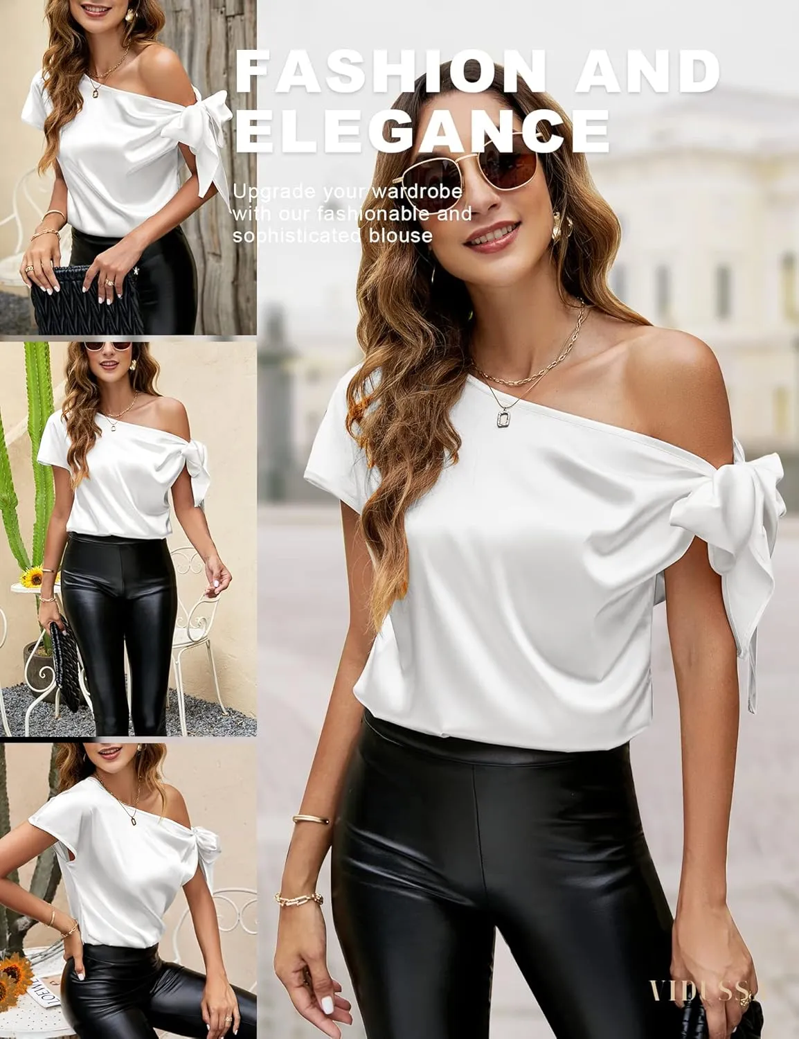 VIDUSSA Women's Off Shoulder Silk Tops Casual Short Sleeve Asymmetrical Neck Satin Blouse Shirts