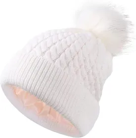 Womens Satin Lined Winter Beanie Cable Knit Beanie for Women Silk Lining Thick Chunky Hats Skull Warm Cap