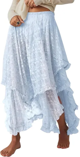 Yimoon Women's Floral Lace Long Skirts Elastic Asymmetrical Layered See-Through Maxi Skirts Sexy Sheer Flowy Beach Skirt